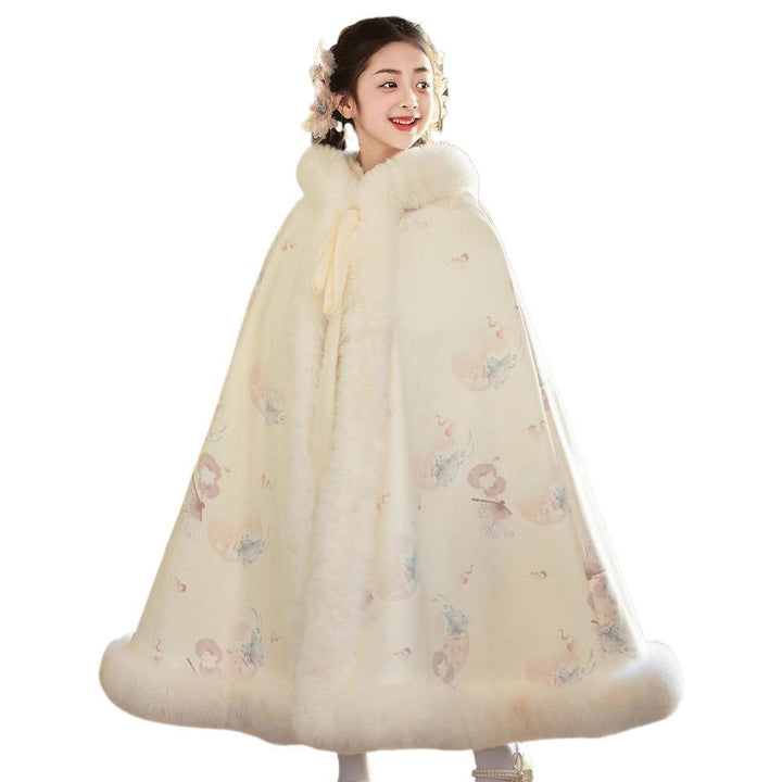 Sea Dragon Dreams girls' cream quilted velvet hooded cloak with faux fur trim and delicate floral print for holidays