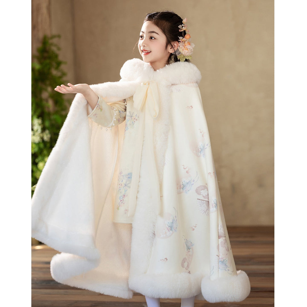 Sea Dragon Dreams girls' cream quilted hooded cloak with faux fur trim and delicate floral print for special occasions