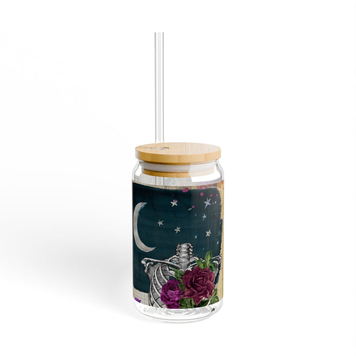 Sea Dragon Dreams 16oz clear glass sipper with bamboo lid, tritan straw, and celestial floral skeleton graphic print.