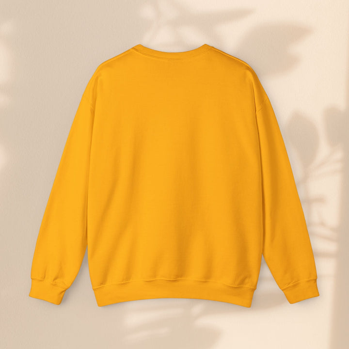 Sea Dragon Dreams unisex gold crewneck sweatshirt, back view, showing durable cotton-polyester blend fabric.