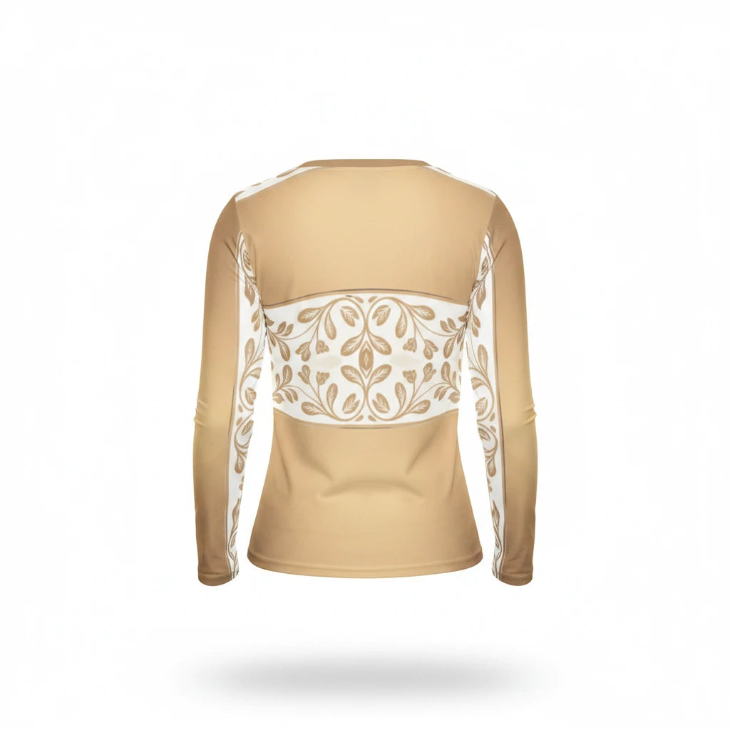 Sea Dragon Dreams long-sleeve V-neck top in gold and cream with a delicate baroque floral pattern on the back.