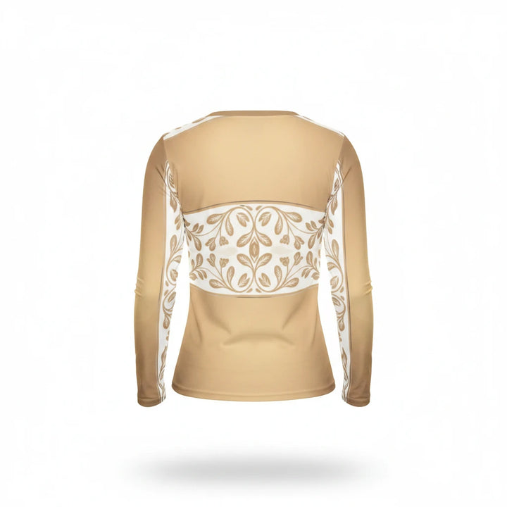 Sea Dragon Dreams long-sleeve V-neck top in gold and cream with a delicate baroque floral pattern on the back.
