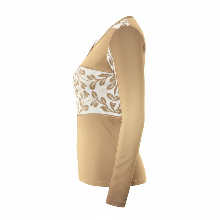 Sea Dragon Dreams V-neck long sleeve top in cream and gold with a delicate baroque leaf pattern on a stretch knit.