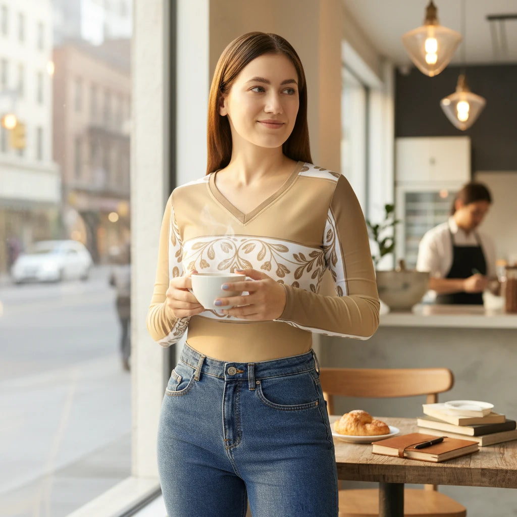 Sea Dragon Dreams V-neck long sleeve top in cream and gold with a floral baroque pattern, worn by a woman in a cafe.