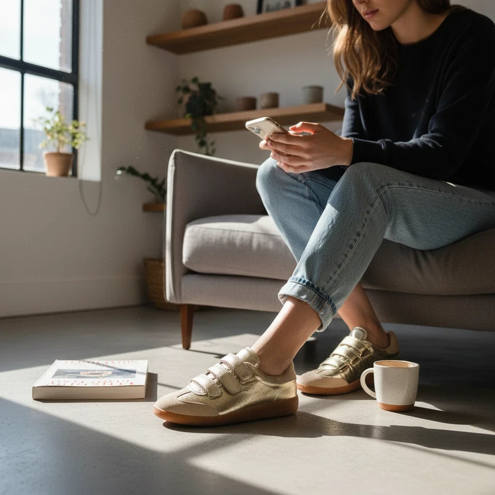 Sea Dragon Dreams Steve Madden Momentum gold metallic sneakers with velcro straps worn by a woman sitting on a sofa.