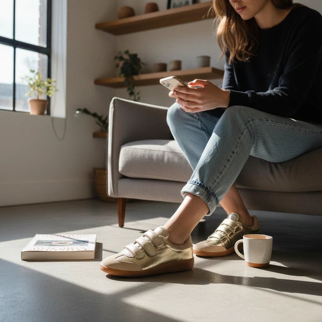 Sea Dragon Dreams Steve Madden Momentum gold metallic sneakers with velcro straps worn by a woman sitting on a sofa.