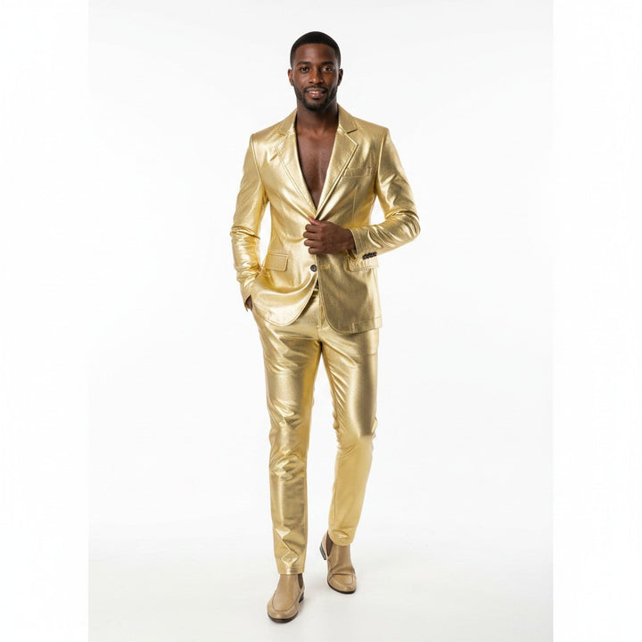 Sea Dragon Dreams men's slim-fit gold metallic two-piece suit with jacket and trousers for formal events