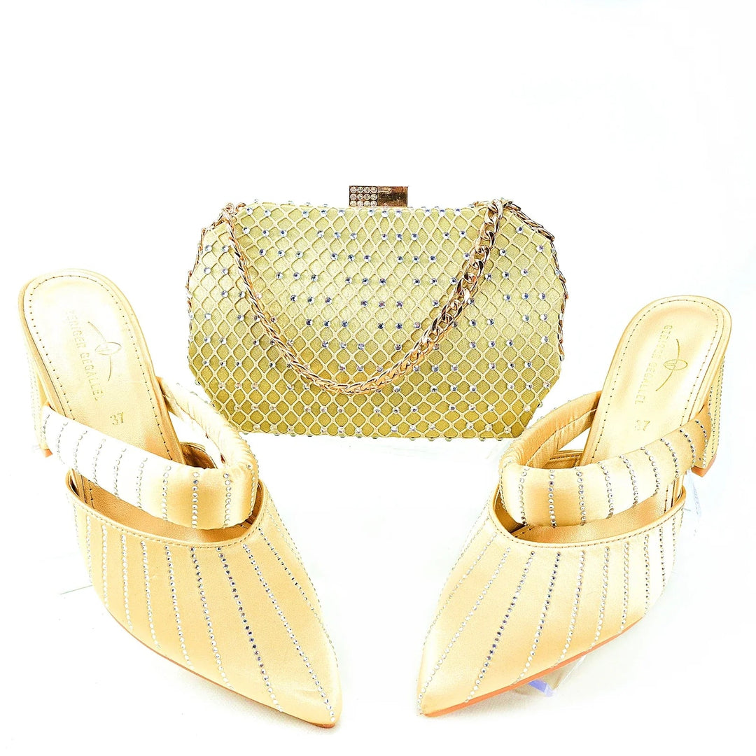 Sea Dragon Dreams gold satin high-heel shoes and matching embellished clutch bag set for formal occasions.