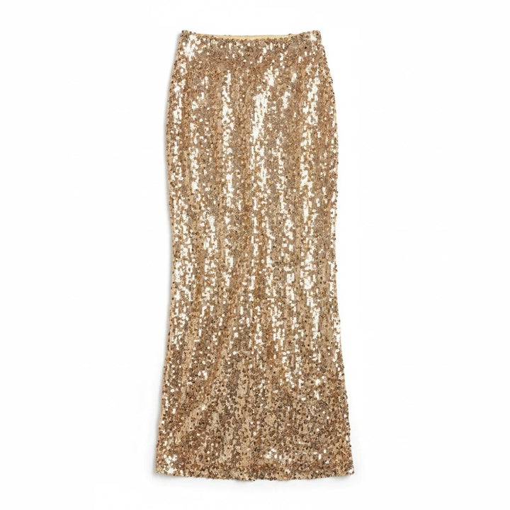 Sea Dragon Dreams gold sequin beach cover-up skirt with a shimmering, lightweight design for vacation wear.