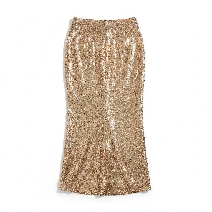 Sea Dragon Dreams gold sequin beach cover-up skirt with a shimmering finish and a flattering mermaid silhouette.