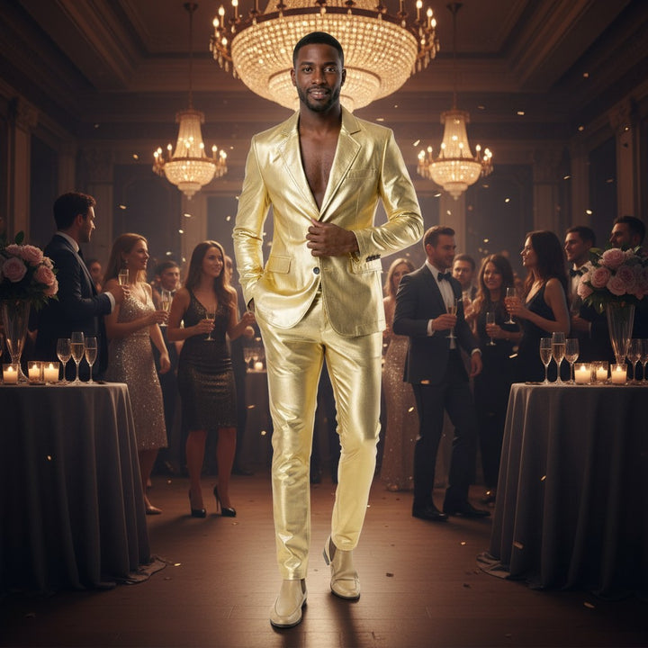 Sea Dragon Dreams men's slim-fit gold metallic suit worn by a man at a formal wedding reception with guests.