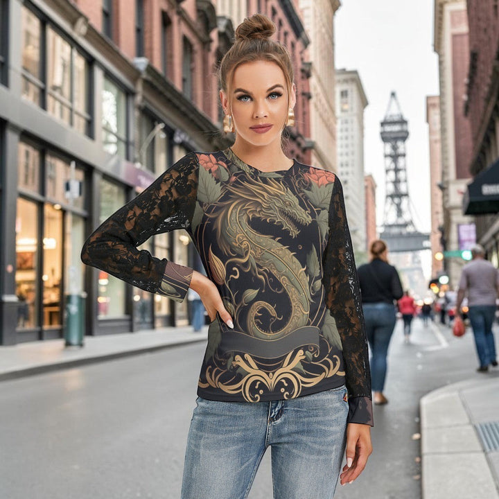 Sea Dragon Dreams women's t-shirt featuring a golden dragon graphic and elegant black lace long sleeves on a model.