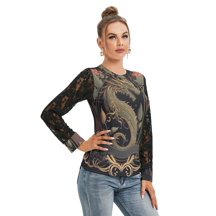 Sea Dragon Dreams women's long-sleeve t-shirt featuring a golden dragon print and elegant black lace sleeves.