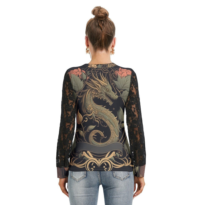 Sea Dragon Dreams women's t-shirt featuring a golden dragon print on the back and elegant black lace long sleeves.