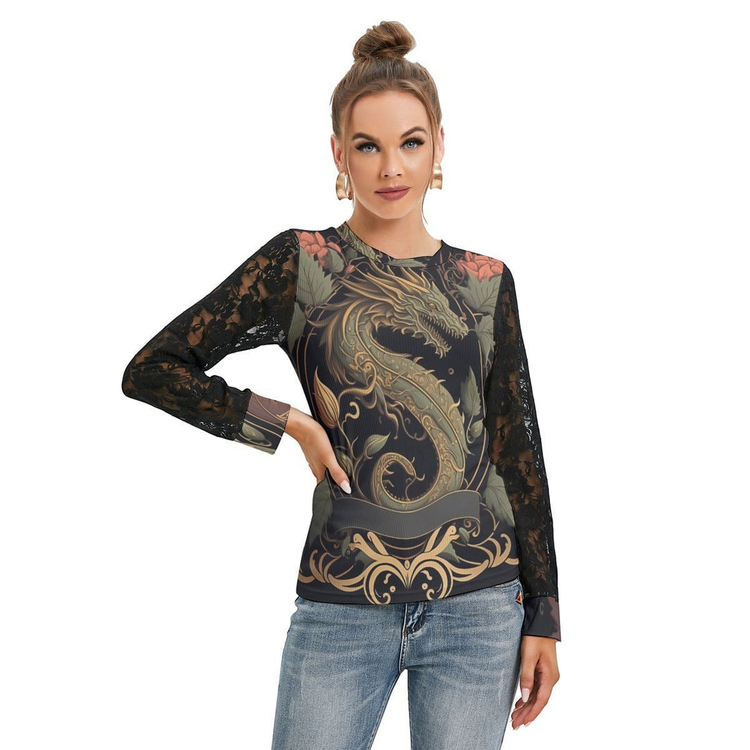 Sea Dragon Dreams women's long-sleeve t-shirt featuring a golden dragon print and elegant black lace sleeves.