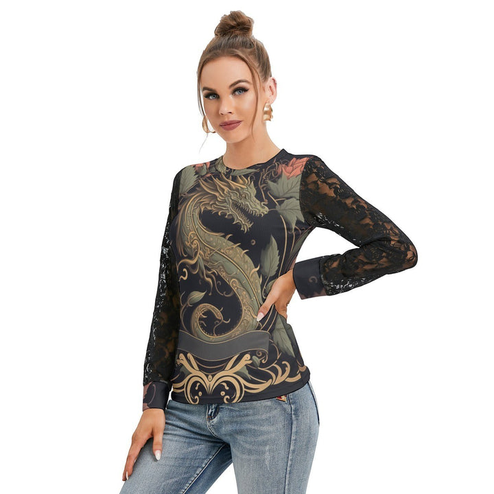 Sea Dragon Dreams women's long-sleeve t-shirt featuring a golden dragon graphic and elegant black lace sleeves.