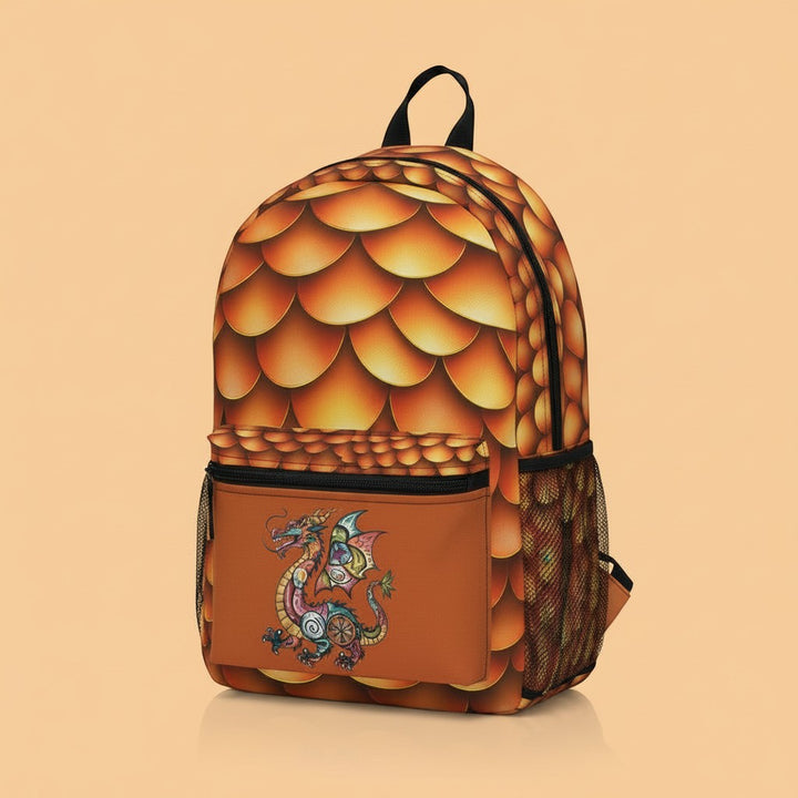 Sea Dragon Dreams backpack with golden dragon scale pattern and a detailed mythical dragon graphic on the front pocket.
