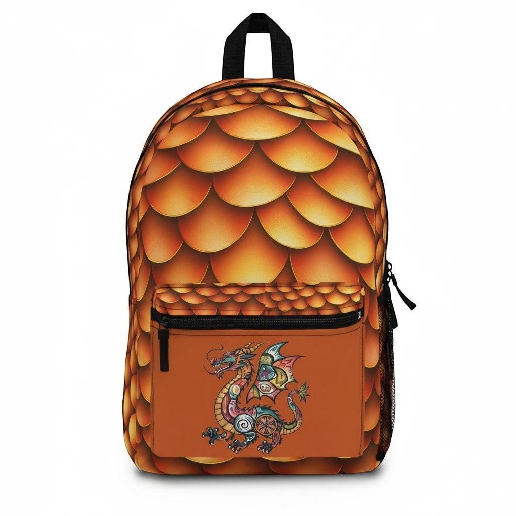 Sea Dragon Dreams backpack featuring a golden dragon scale pattern and a colorful mythical dragon graphic on the pocket.