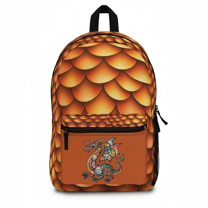 Sea Dragon Dreams backpack featuring a golden dragon scale pattern and a colorful mythical dragon graphic on the pocket.