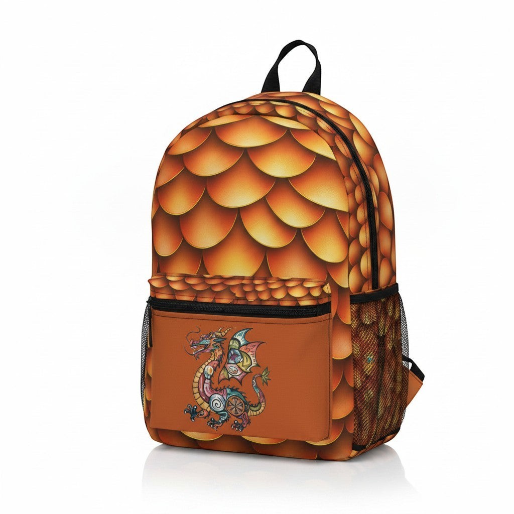 Sea Dragon Dreams backpack featuring a golden dragon scale pattern and a colorful dragon illustration on the front pocket
