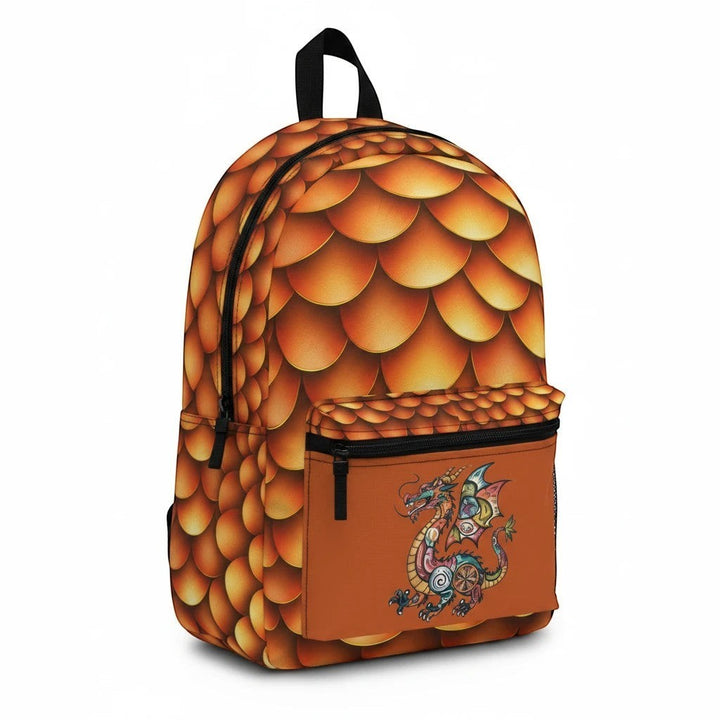 Sea Dragon Dreams backpack featuring a golden dragon scale pattern and a decorative dragon illustration on the front pocket.