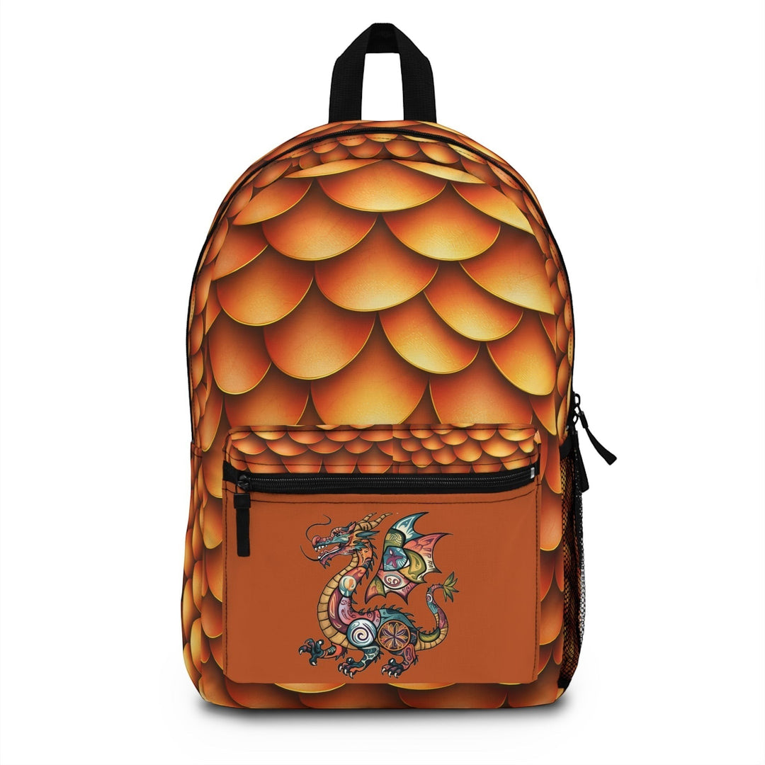 Sea Dragon Dreams backpack with golden dragon scale pattern and a colorful dragon illustration on the front pocket.