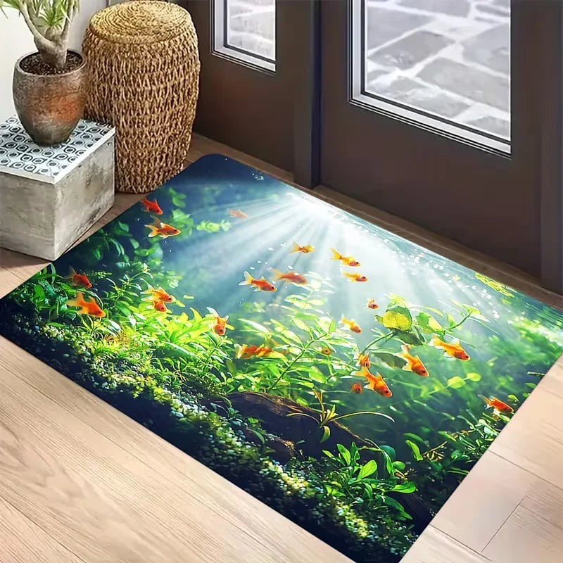 Sea Dragon Dreams microfiber doormat featuring a vibrant underwater aquarium scene with goldfish and lush green plants