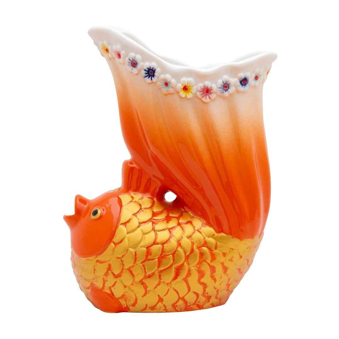 Sea Dragon Dreams goldfish tiki mug featuring hand-painted orange and yellow ceramic scales with floral rim detail.