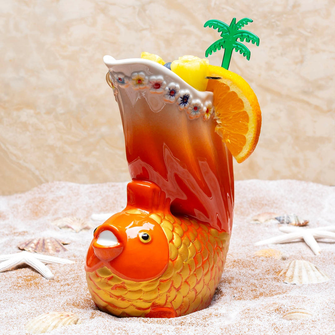 Sea Dragon Dreams Goldfish Tiki Mug, a hand-painted ceramic tropical cocktail glass with orange and gold scales.