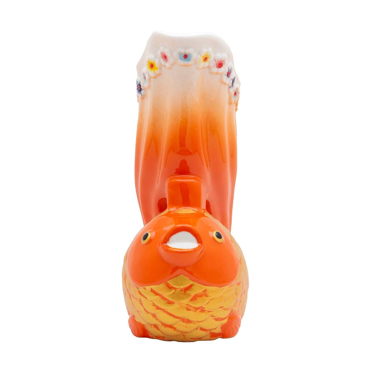 Sea Dragon Dreams Goldfish Tiki Mug, a hand-painted ceramic tropical cocktail cup with floral detail on the tail.