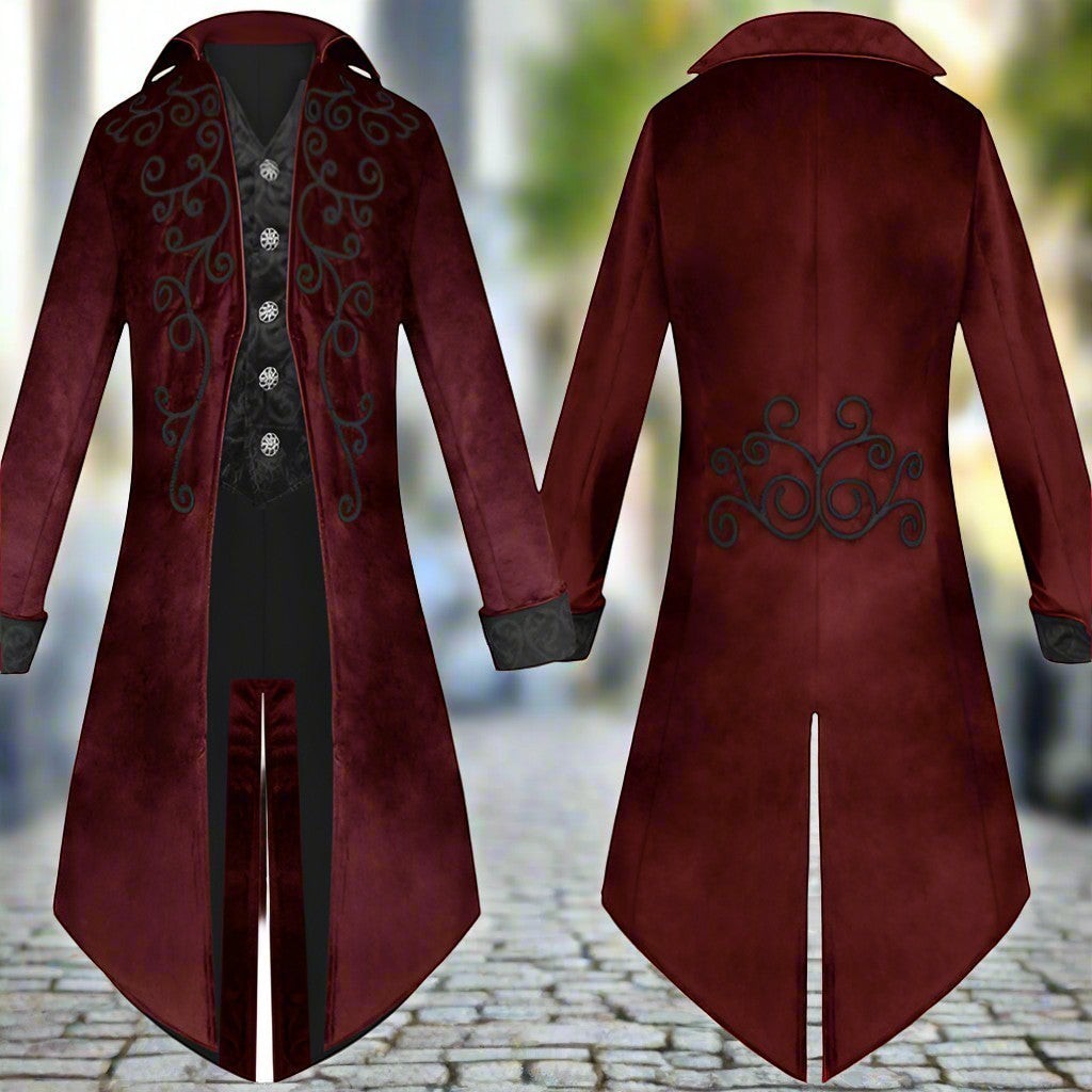 Sea Dragon Dreams men's gothic tailcoat in deep red cotton blend with black ornate embroidery and Victorian styling