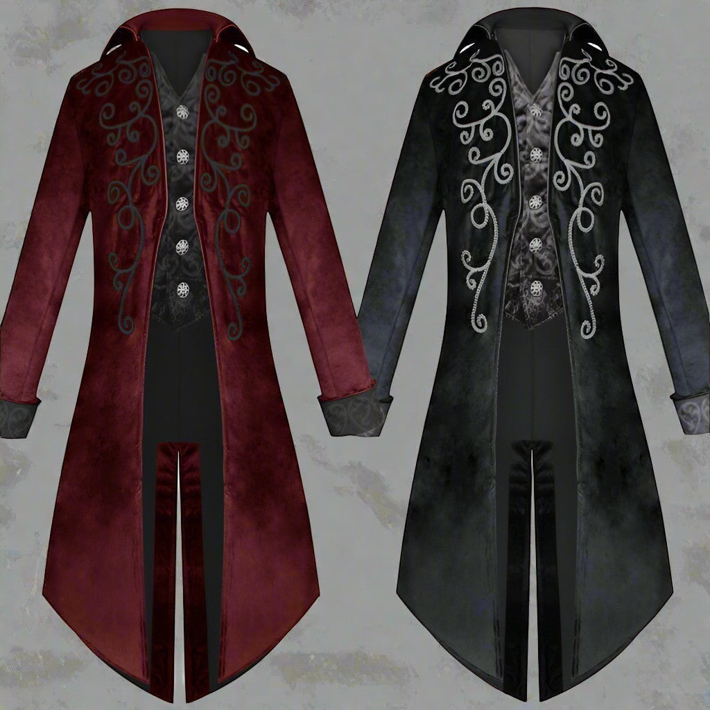 Sea Dragon Dreams gothic renaissance tailcoat jackets in red and black cotton blend with ornate embroidery
