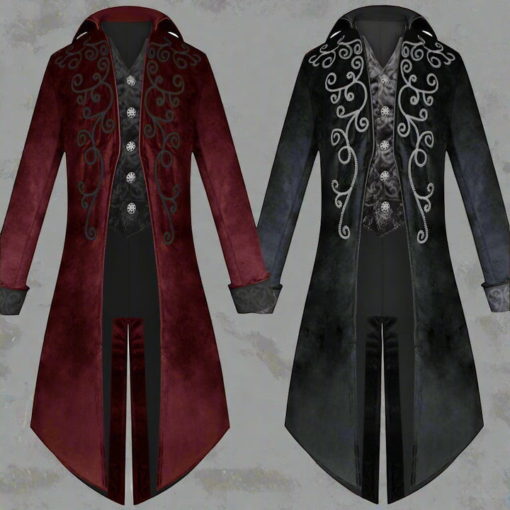 Sea Dragon Dreams gothic renaissance tailcoat jackets in red and black cotton blend with ornate embroidery