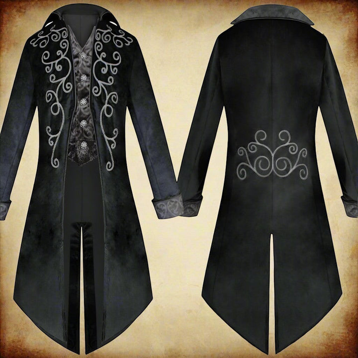Sea Dragon Dreams black Gothic Renaissance tailcoat with silver embroidery, featuring a long tuxedo-style silhouette.