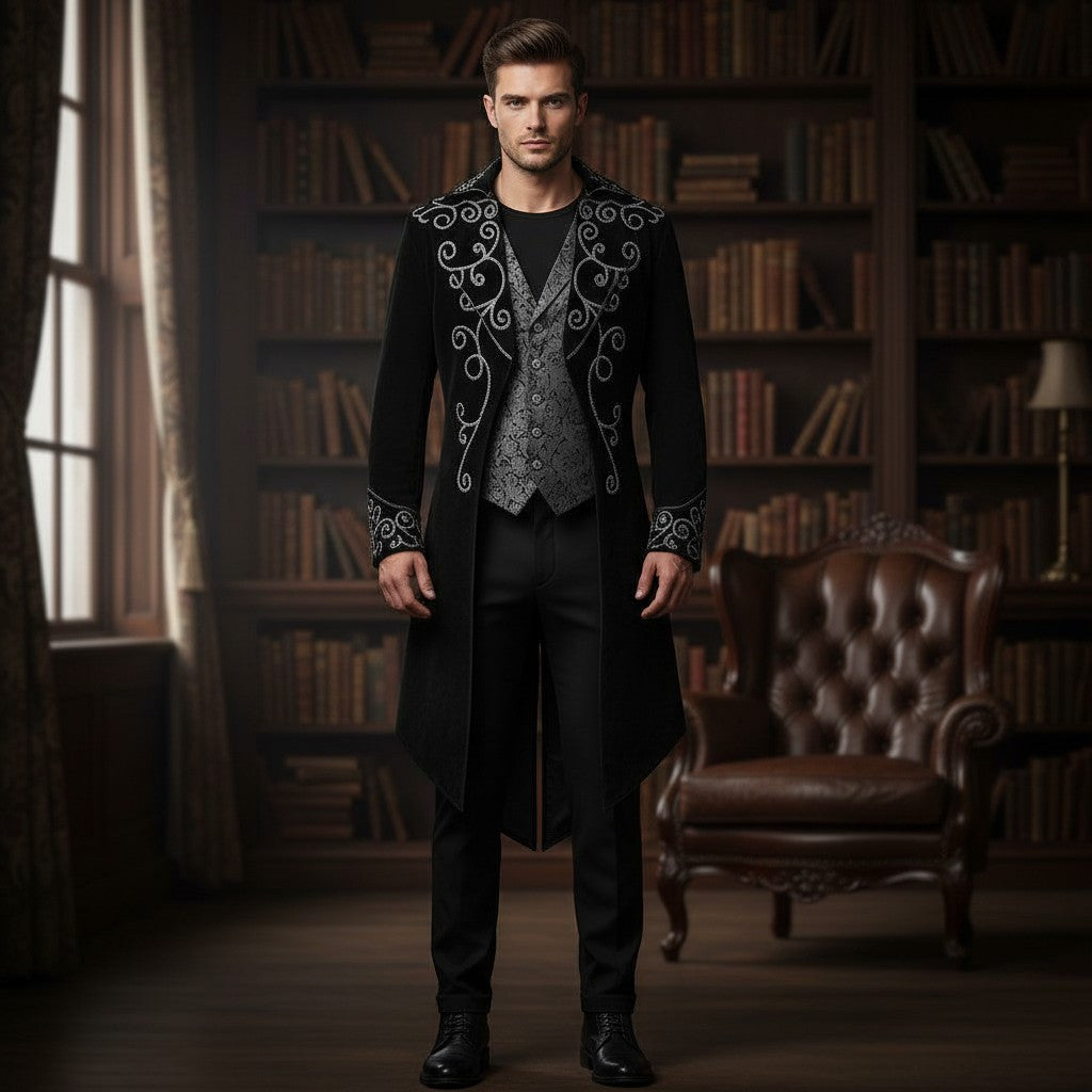 Sea Dragon Dreams men's black Gothic tailcoat with silver embroidery, worn by a model in a library setting.