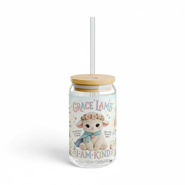 Sea Dragon Dreams 16oz glass sipper featuring a cute Grace Lamb illustration, floral accents, and I Am Kind text.