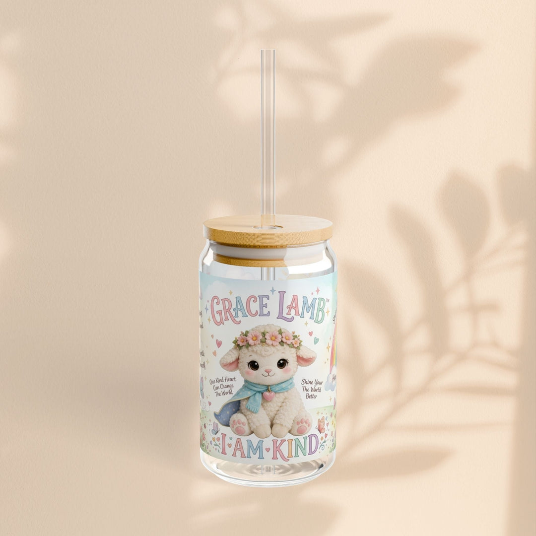 Sea Dragon Dreams 16oz glass sipper featuring a cute Grace Lamb illustration with floral details and I Am Kind text.