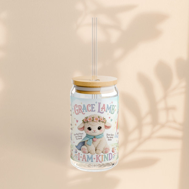 Sea Dragon Dreams 16oz glass sipper featuring a cute Grace Lamb illustration with floral details and I Am Kind text.