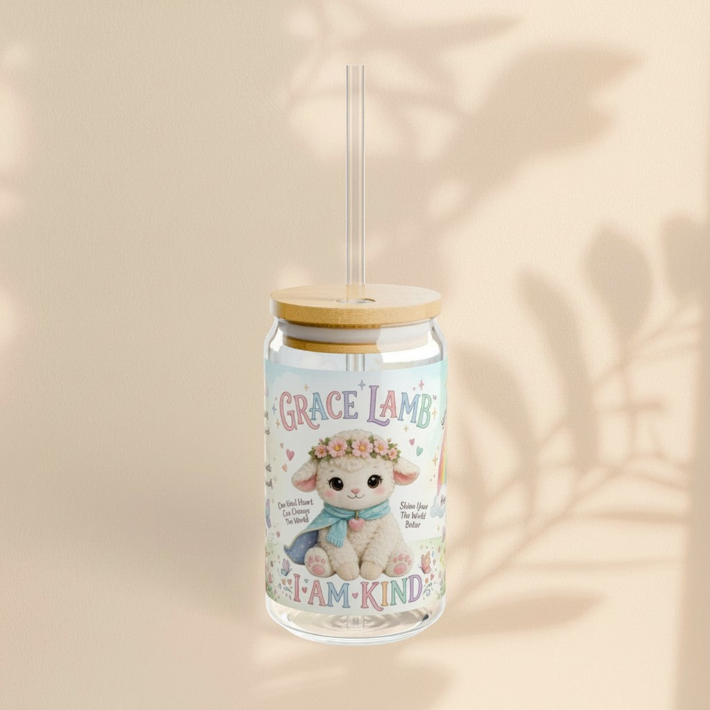 Sea Dragon Dreams 16oz glass sipper featuring a cute Grace Lamb illustration, floral accents, and I Am Kind text.