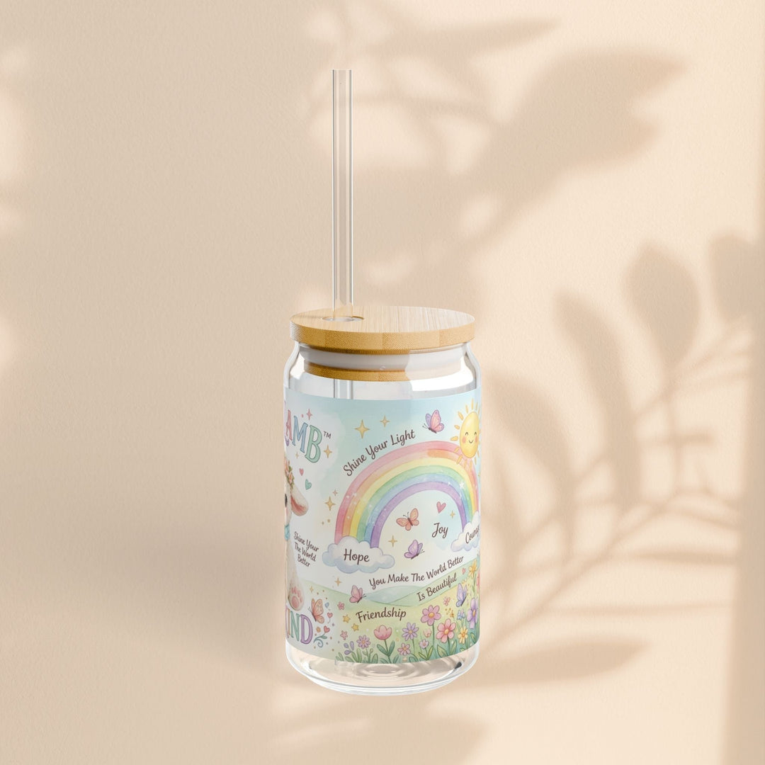 Sea Dragon Dreams 16oz clear glass sipper with bamboo lid, straw, and Grace Lamb rainbow floral affirmation design.