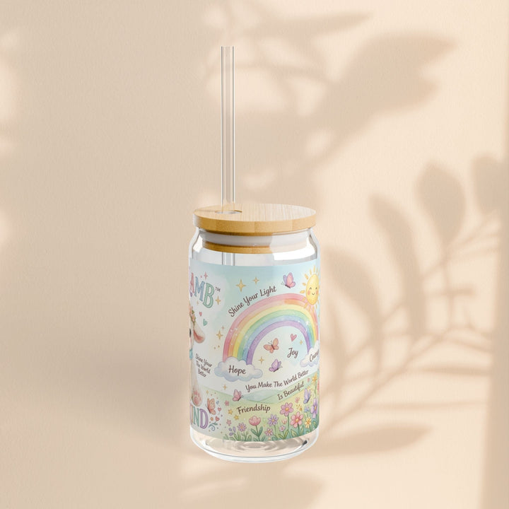 Sea Dragon Dreams 16oz clear glass sipper with bamboo lid, straw, and Grace Lamb rainbow floral affirmation design.