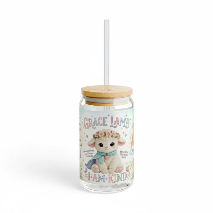 Sea Dragon Dreams 16oz clear glass sipper with Grace Lamb illustration, floral crown, and I Am Kind text with straw.