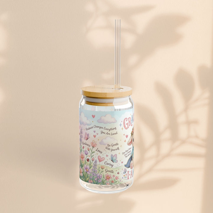 Sea Dragon Dreams 16oz glass sipper featuring a Grace Lamb illustration, floral motifs, and kindness affirmations.