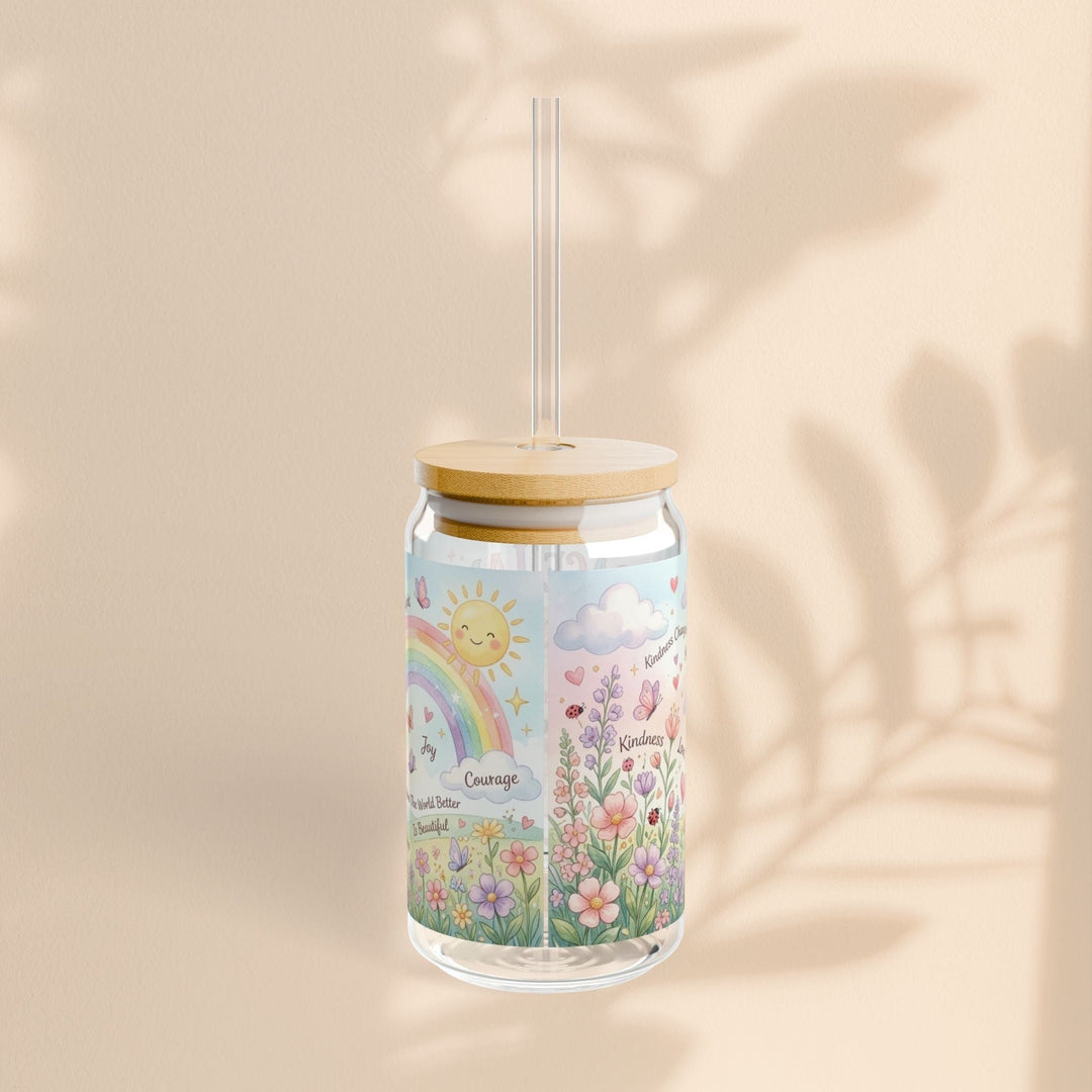 Sea Dragon Dreams 16oz glass sipper with bamboo lid, straw, and colorful Grace Lamb floral rainbow illustration.