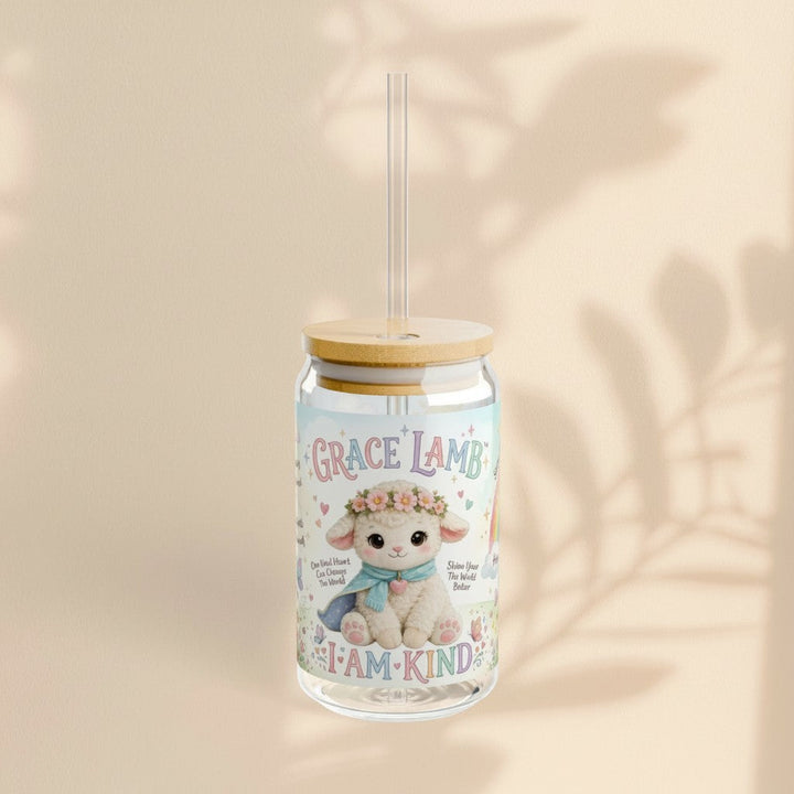 Sea Dragon Dreams 16oz clear glass sipper with bamboo lid, straw, and Grace Lamb floral I Am Kind illustration.
