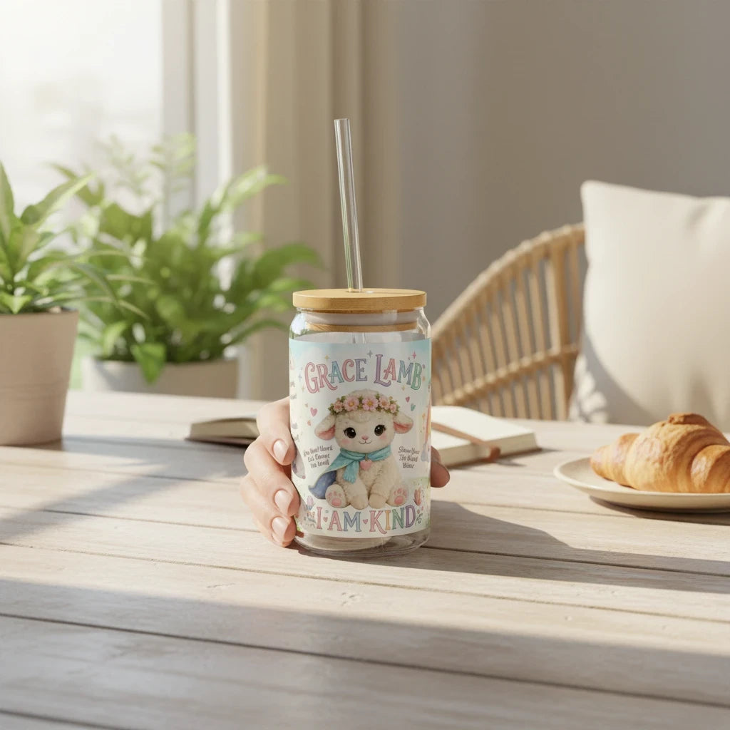 Sea Dragon Dreams 16oz glass sipper featuring a cute Grace Lamb illustration with floral accents and I Am Kind text