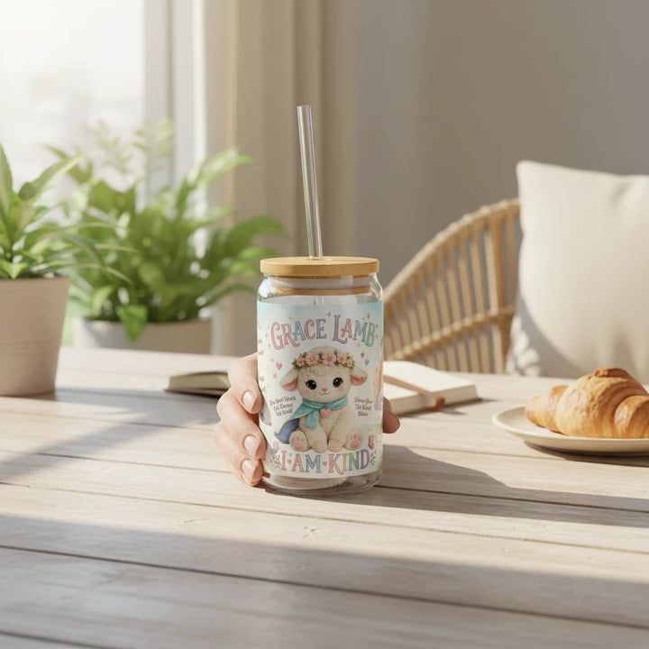 Sea Dragon Dreams 16oz glass sipper featuring a cute Grace Lamb illustration with floral accents and I Am Kind text