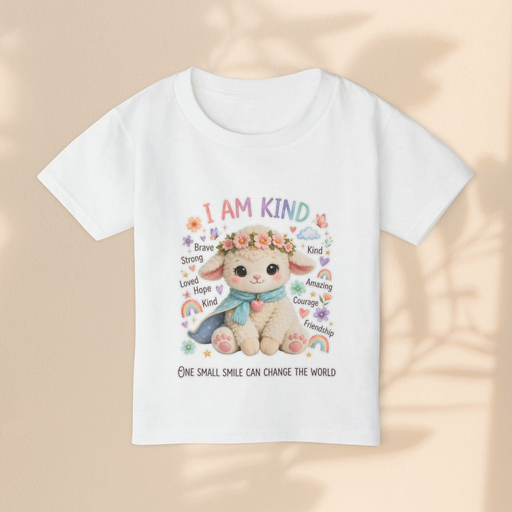Sea Dragon Dreams white cotton toddler t-shirt featuring a cute Grace Lamb illustration with I Am Kind text.