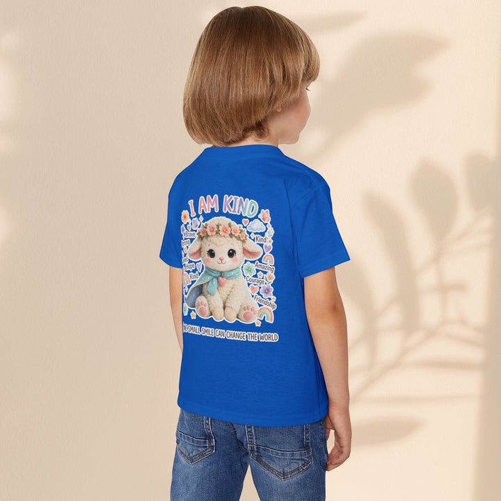 Sea Dragon Dreams toddler wearing a blue cotton t-shirt featuring a Grace Lamb graphic with the text I Am Kind.