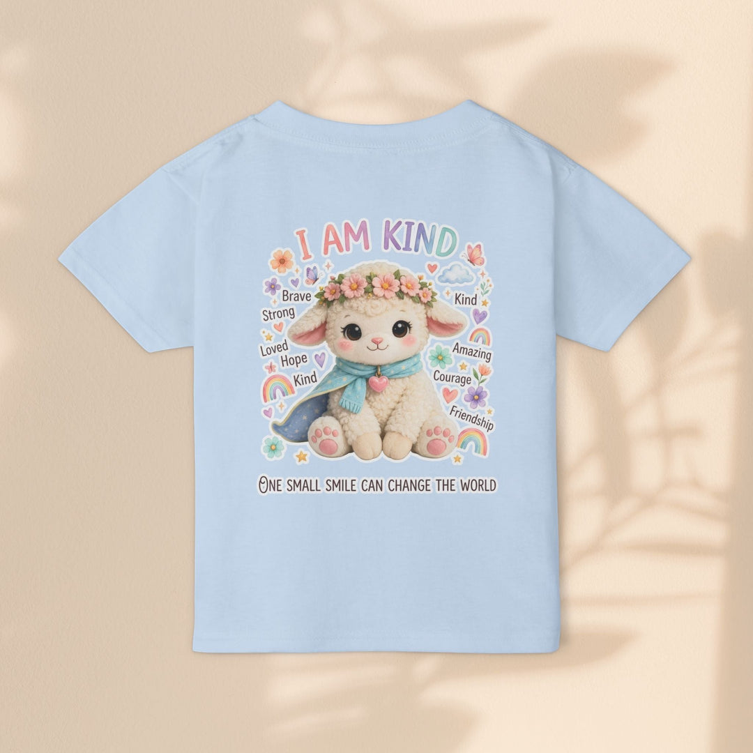 Sea Dragon Dreams light blue cotton toddler t-shirt featuring a cute Grace Lamb illustration and I Am Kind text.